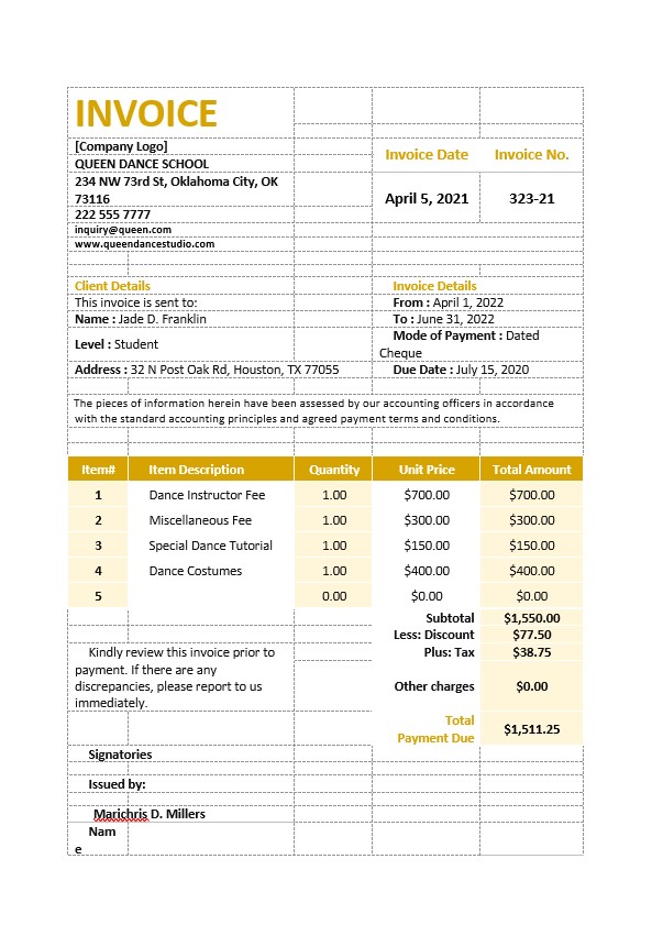 Dance School Invoice Template PSD template